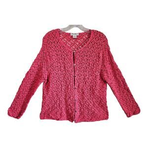 EDDIE BAUER Women L Cardigan Sweater Crochet Knit Coral Buttons Linen Cotton 38"